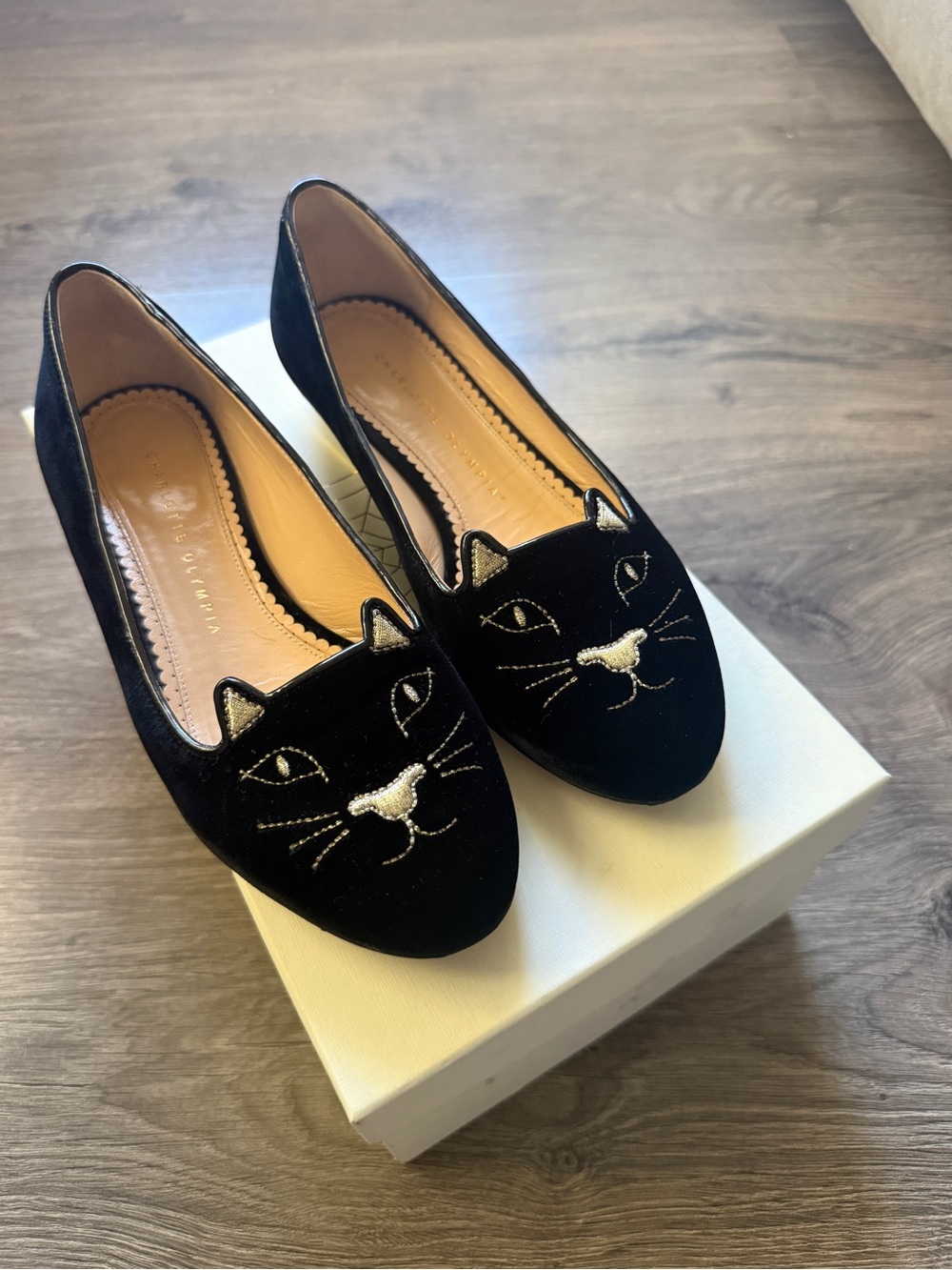 Charlotte Olympia Black Velvet Cat Face Flats